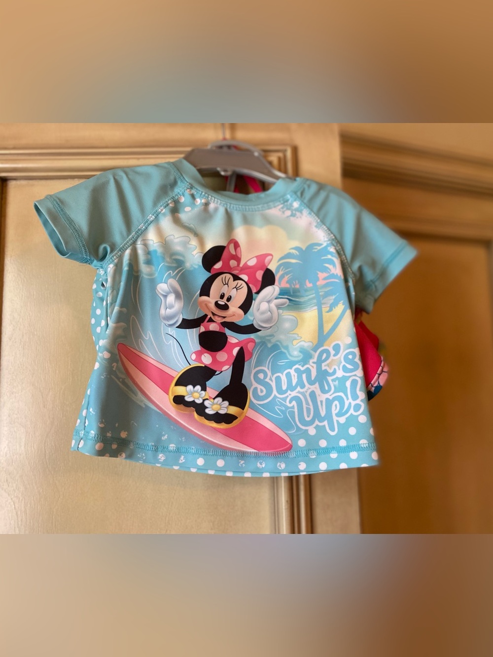 Disney Minnie Mouse 2-Piece Swim Set 12M Blue White Rash Guard Skirt with hat